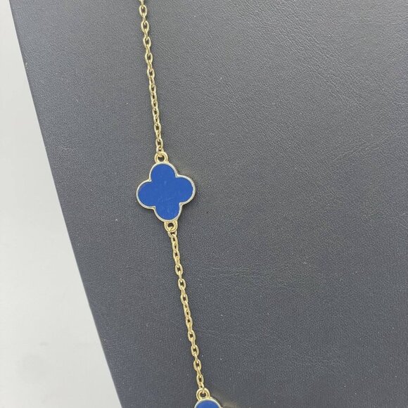 Fornash Blue Enamel Station Four Leaf Flower Chain Necklace Gold Tone 40 Inches - Picture 3 of 6